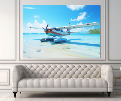 Maldives Beach Canvas Seaplane Wall Art – Framed Floating Frame, Ready to Hang