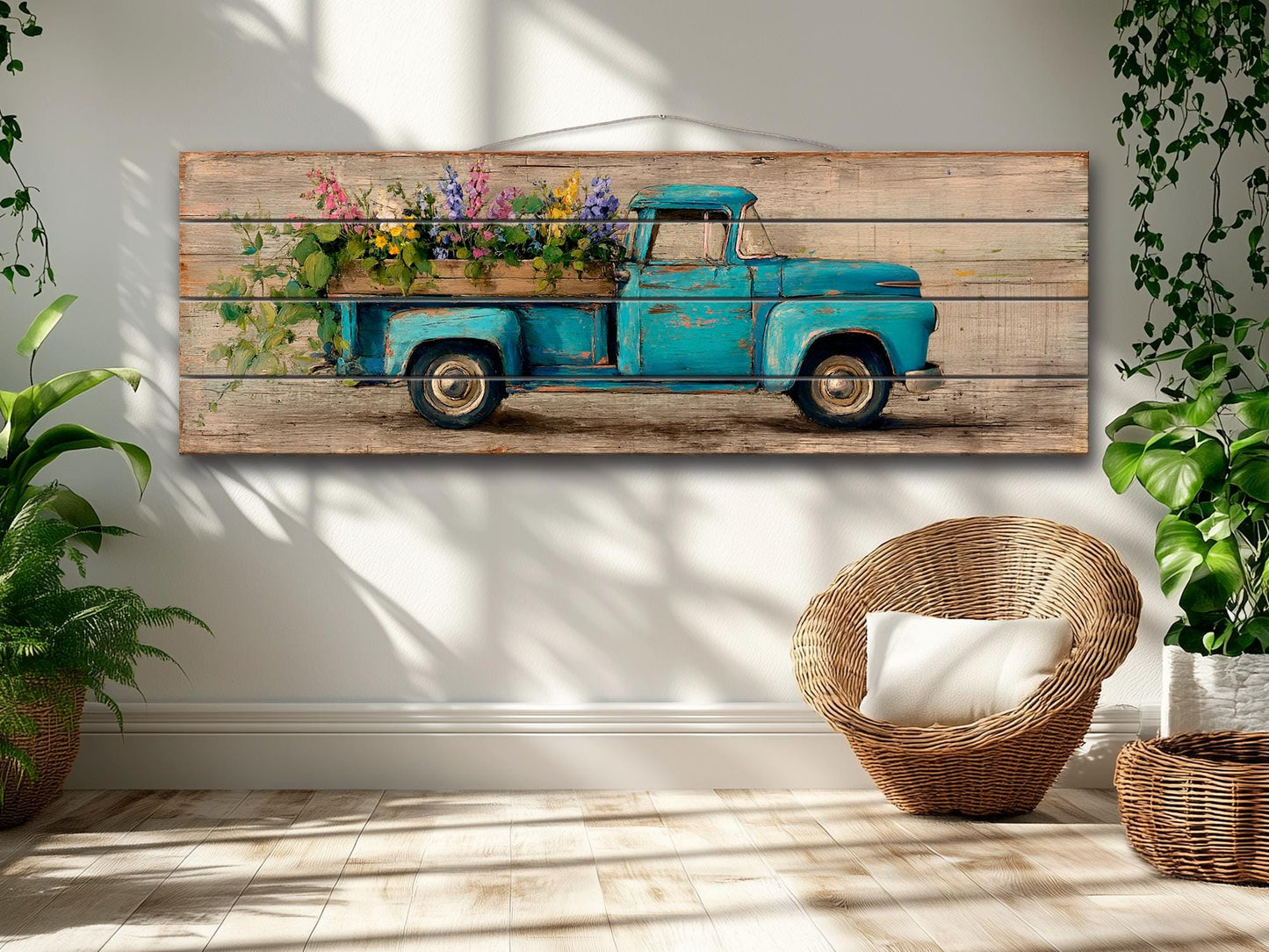Rustic Wood Wall Art – Vintage Truck Print with Blue Flowers on Wood