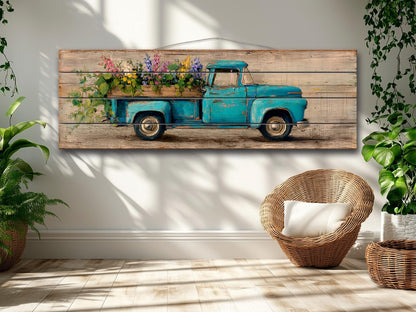 Rustic Wood Wall Art – Vintage Truck Print with Blue Flowers on Wood