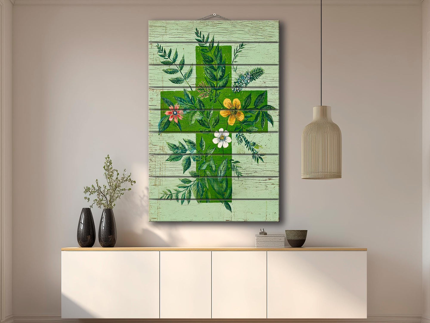Rustic Wood Wall Art – Floral Medical Cross Print on Wood | Farmhouse Botanical Decor
