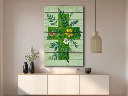 Rustic Wood Wall Art – Floral Medical Cross Print on Wood | Farmhouse Botanical Decor