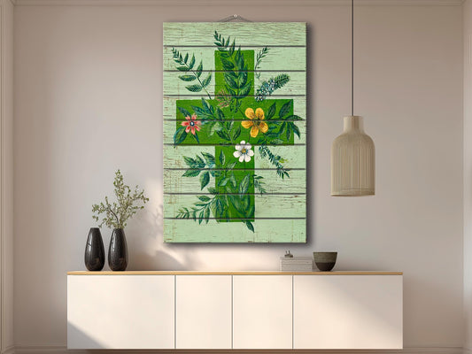Rustic Wood Wall Art – Floral Medical Cross Print on Wood | Farmhouse Botanical Decor