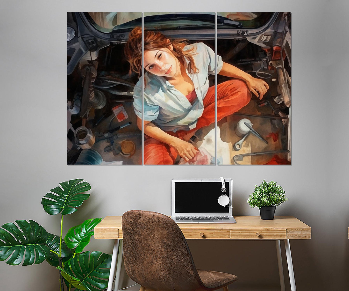 Mechanic Woman Canvas – Retro Mechanic Print | Workshop Wall Decor, Framed Canvas Art