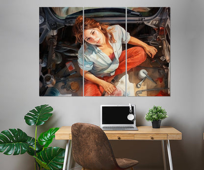 Mechanic Woman Canvas – Retro Mechanic Print | Workshop Wall Decor, Framed Canvas Art