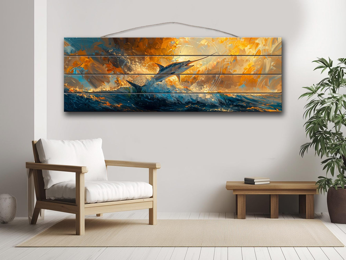 Marlin Wood Wall Art – Colorful Marlin Print on Natural Wood Planks