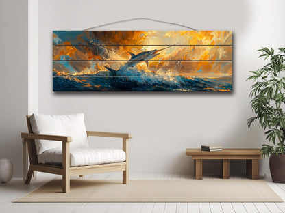 Marlin Wood Wall Art – Colorful Marlin Print on Natural Wood Planks