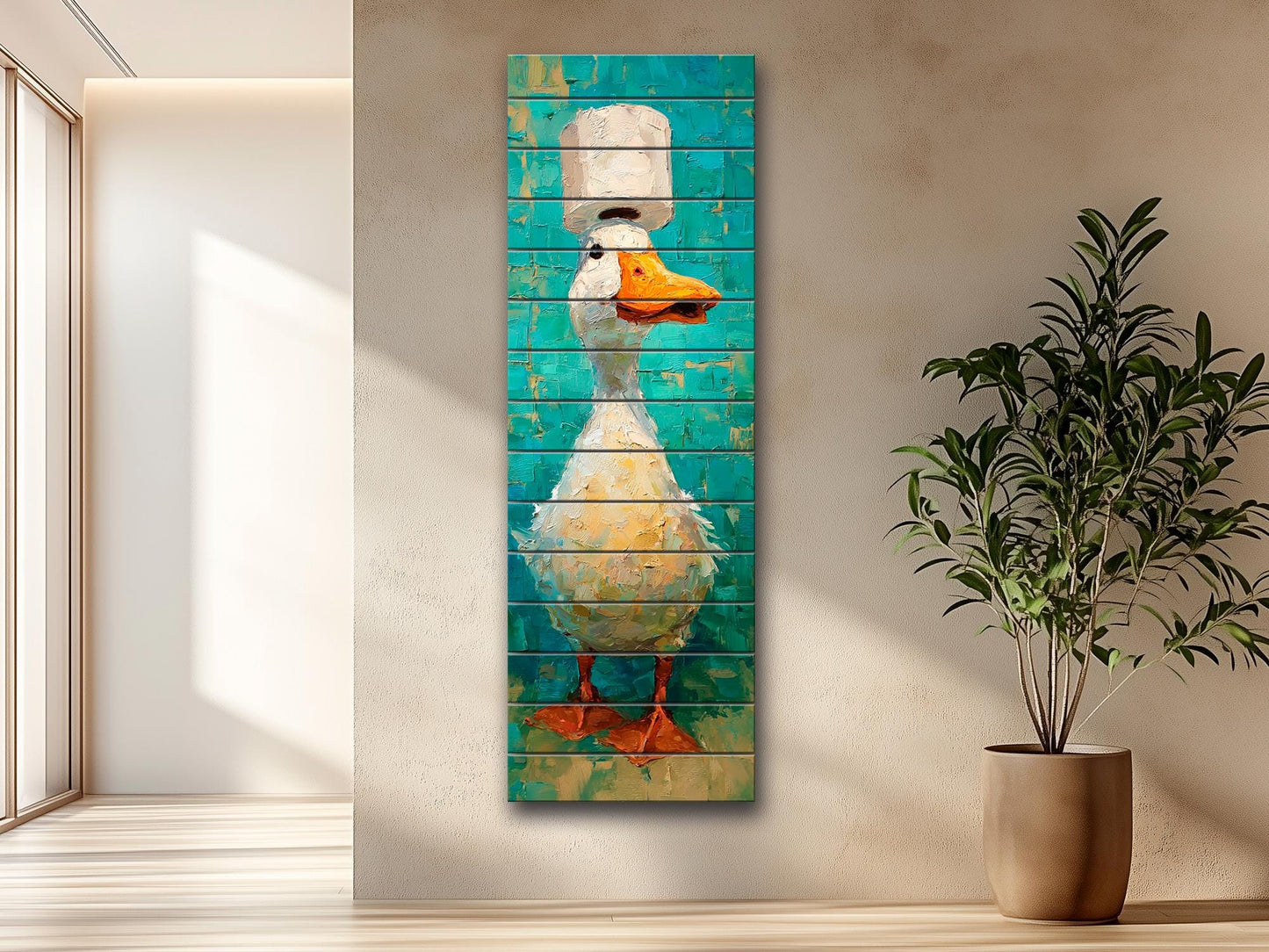 Cute Duck Print on Wood - Whimsical Bathroom Wall Art with Teal and Cream