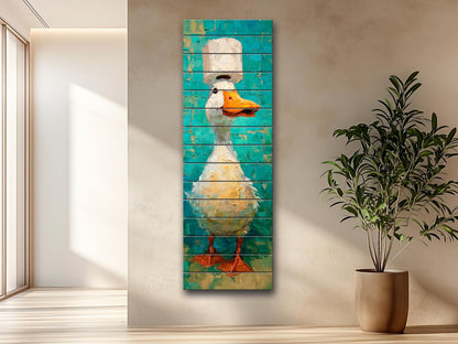 Cute Duck Print on Wood - Whimsical Bathroom Wall Art with Teal and Cream