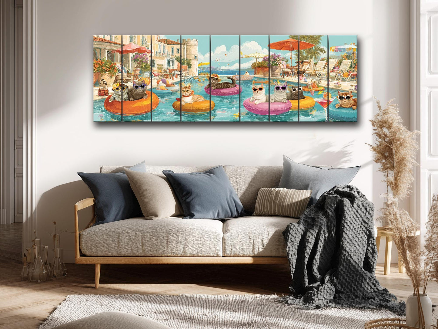 Cat Pool Party Print – Funny Summer Wall Art on Rustic Wood Decor