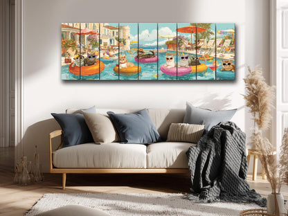 Cat Pool Party Print – Funny Summer Wall Art on Rustic Wood Decor