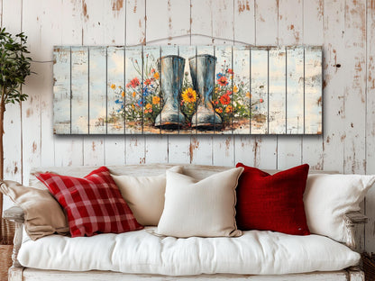 Rustic Wood Wall Art – Rain Boots Wall Art With Wildflowers Wood Print | Cozy Cabin Decoration