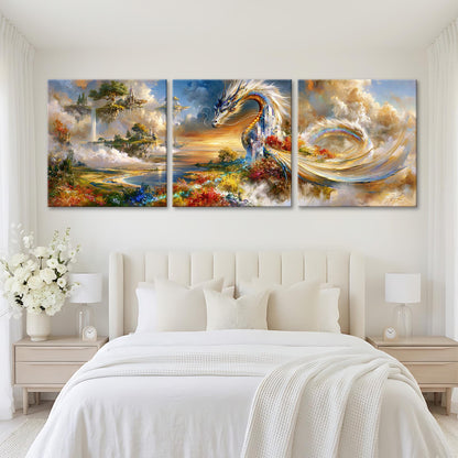 a large, colorful painting of a dragon and a landscape with clouds and water, hanging on a wall above a bed with white bedding.