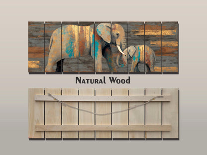 Wood Wall Art - Mother Elephant with Her Calf Print on Natural Wood, Elephants Wall Art, Rustic Elephants Painting, Country Wall Art