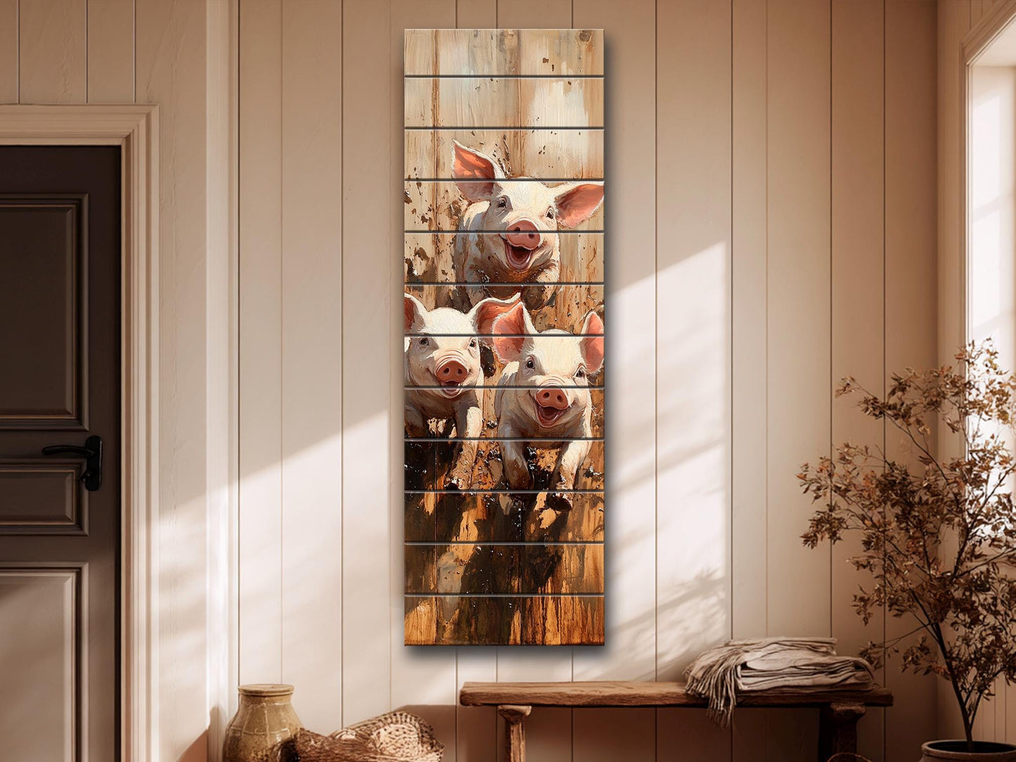 Playful Piglets in Muddy Pen Painting Printed on Natural Wood – Farm Animal Print on Rustic Linden Wood with Sunshine and Country Colors
