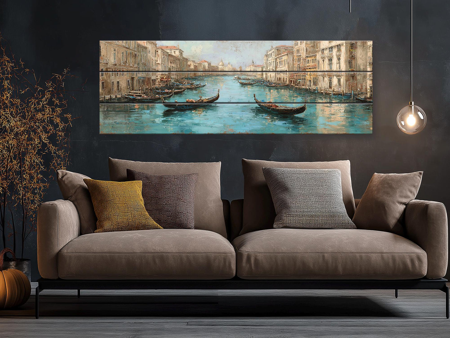 Venice Canal Painting – Turquoise Beige Gondola Art Print on Wooden Wall Decor