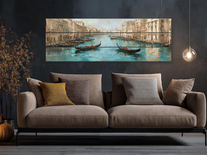 Venice Canal Painting – Turquoise Beige Gondola Art Print on Wooden Wall Decor