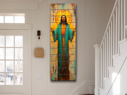Jesus Christ with Open Arms Painting on Natural Wood – Rustic Religious Print, Christian Wall Decor, Biblical Wall Art, Church Wall Decor