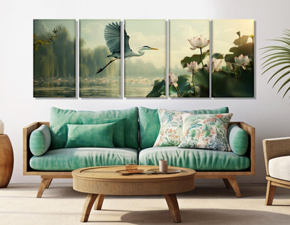 Flying Heron Canvas Print – Large Soft Colors Abstract Heron Painting | Ready to Hang