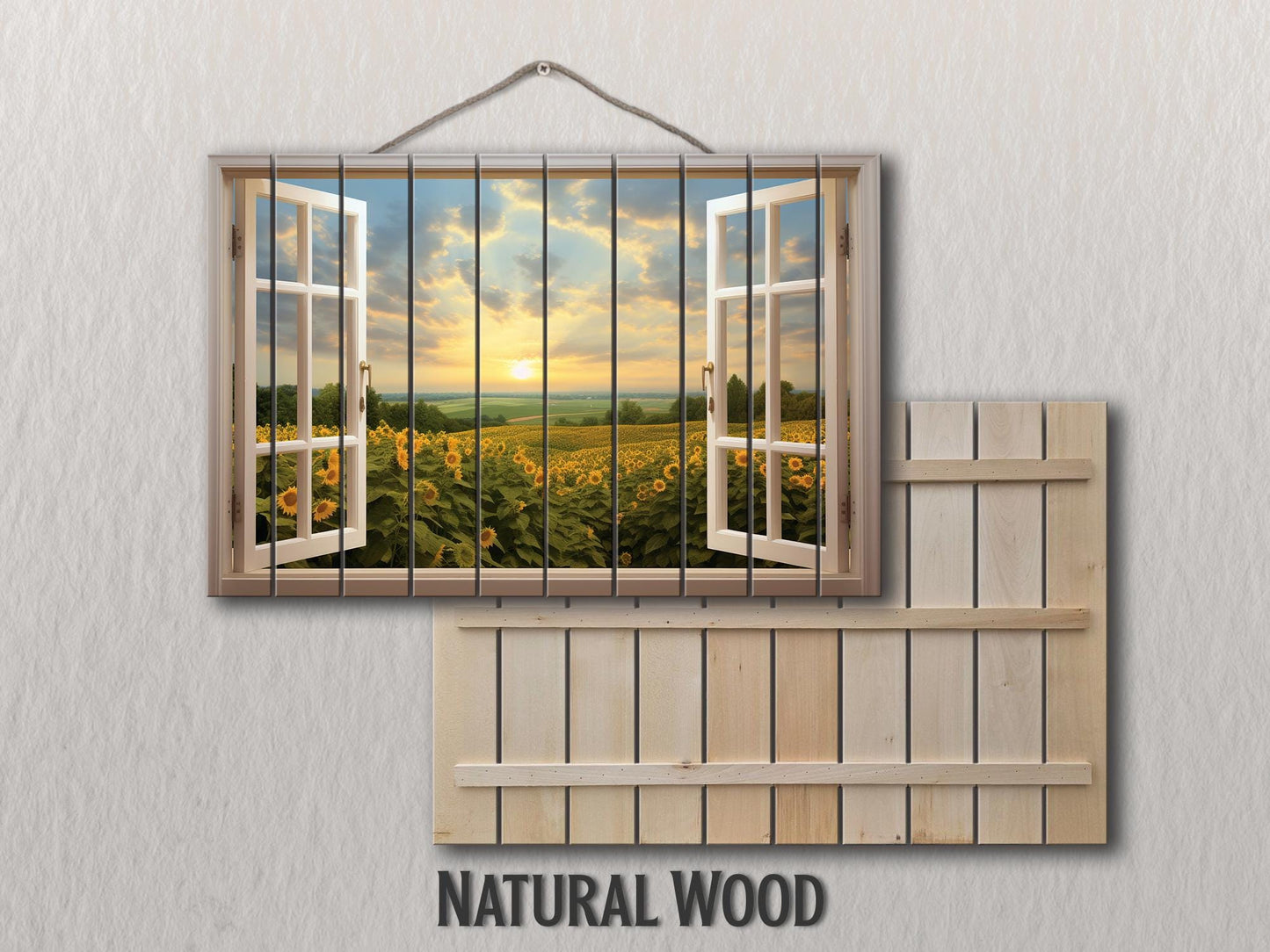 Wood Wall Art | Rustic Floral Wood Print with Sunflower Field Open Window Painting