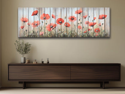 Wood Wall Art – Whimsical Field of Wild Poppies Dancing in the Breeze, Poppies Wall Art, Rustic Floral Wall Decor
