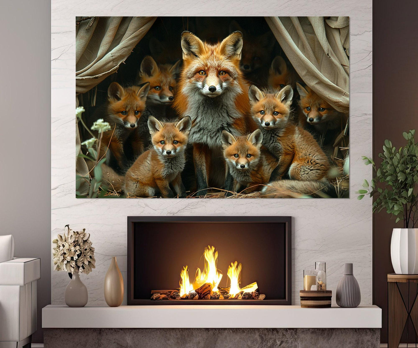 Fox Wall Art – Mother Fox Canvas Print with Cubs | Framed & Ready to Hang