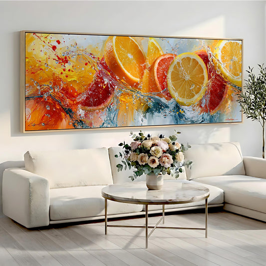 a large, colorful painting of oranges and a vase of flowers on a white sofa in a living room setting.
