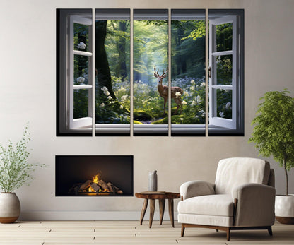 Forest Window Canvas – Faux Window Art With Deer, Spring Wall Decor Ready to Hang