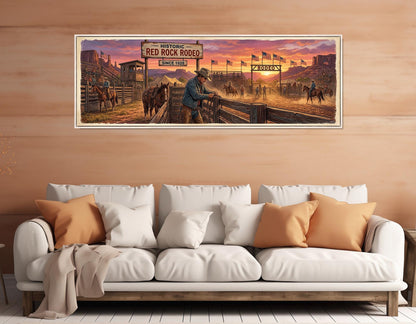 Rodeo Canvas Print, Panoramic Cowboy Arena Painting, Large Western Wall Art, Framed and Ready to Hang