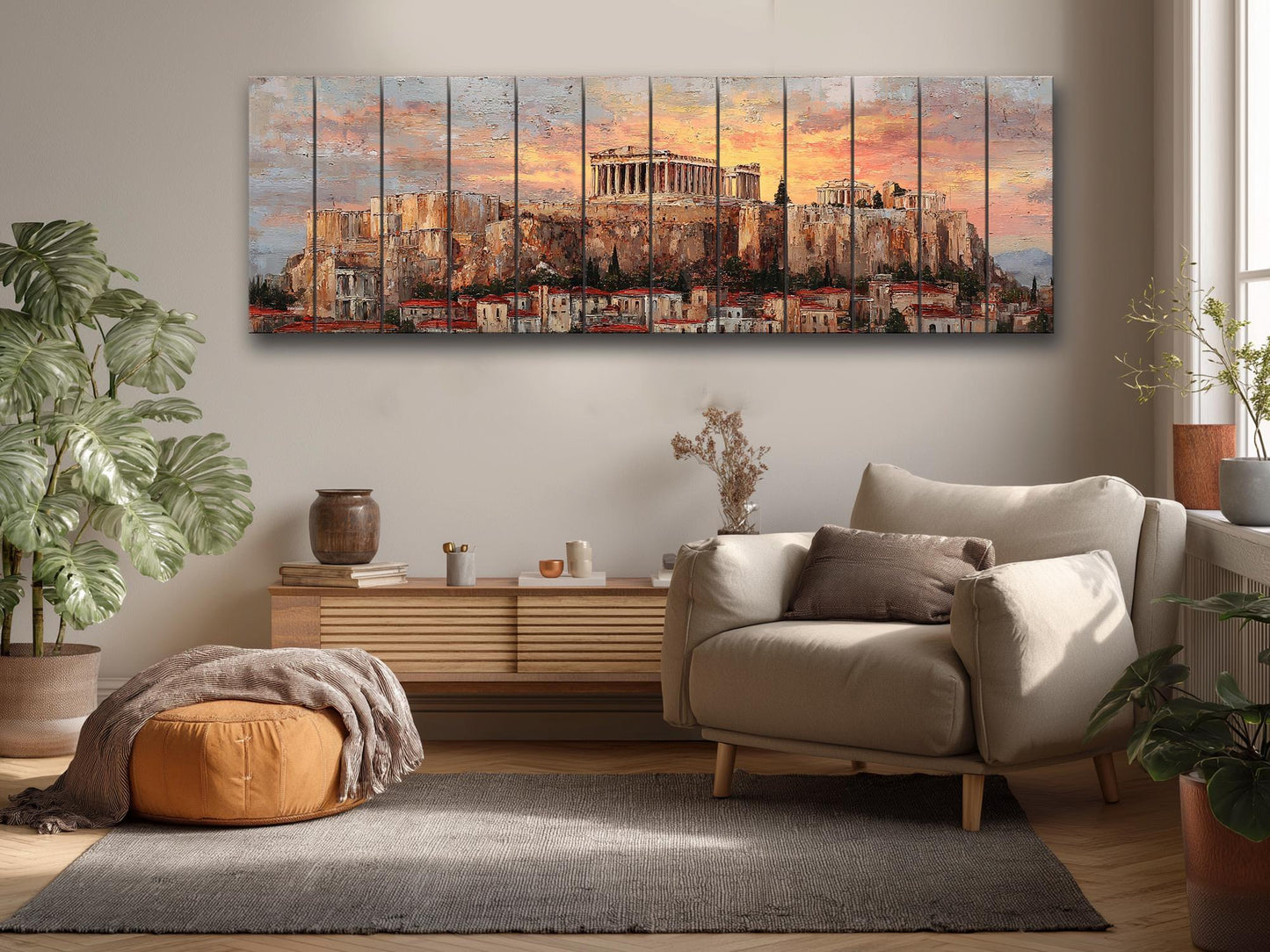 Athens Wood Print – Rustic Wall Art with Acropolis Sunset on Distressed Wood