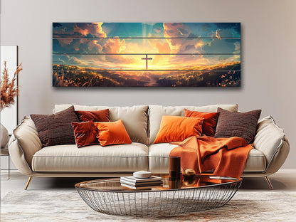 Christian Wood Wall Art – Cross Sunset Painting on Natural Wood Planks | Handcrafted Rustic Farmhouse Decor