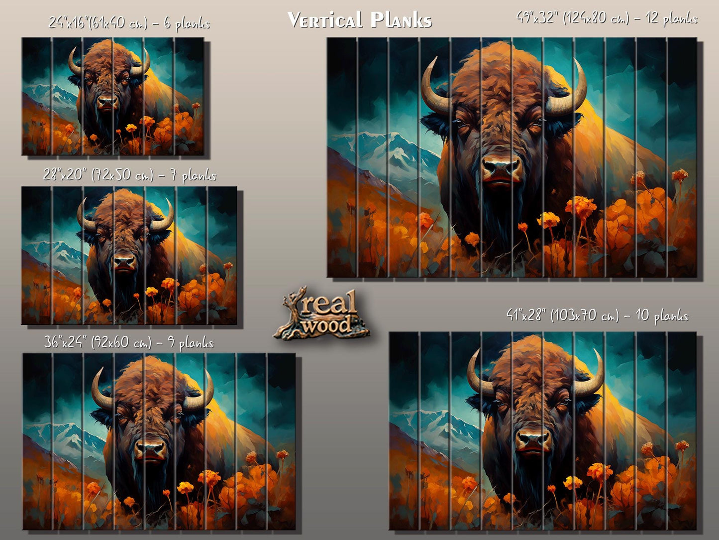 Rustic Wood Wall Art – Bison Abstract Painting on Natural Wood Planks