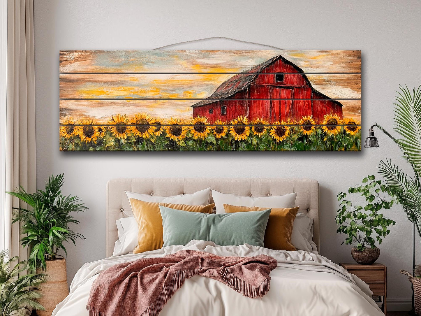 Rustic Wood Print – Sunflowers Field Art with Old Barn on Natural Wood Planks