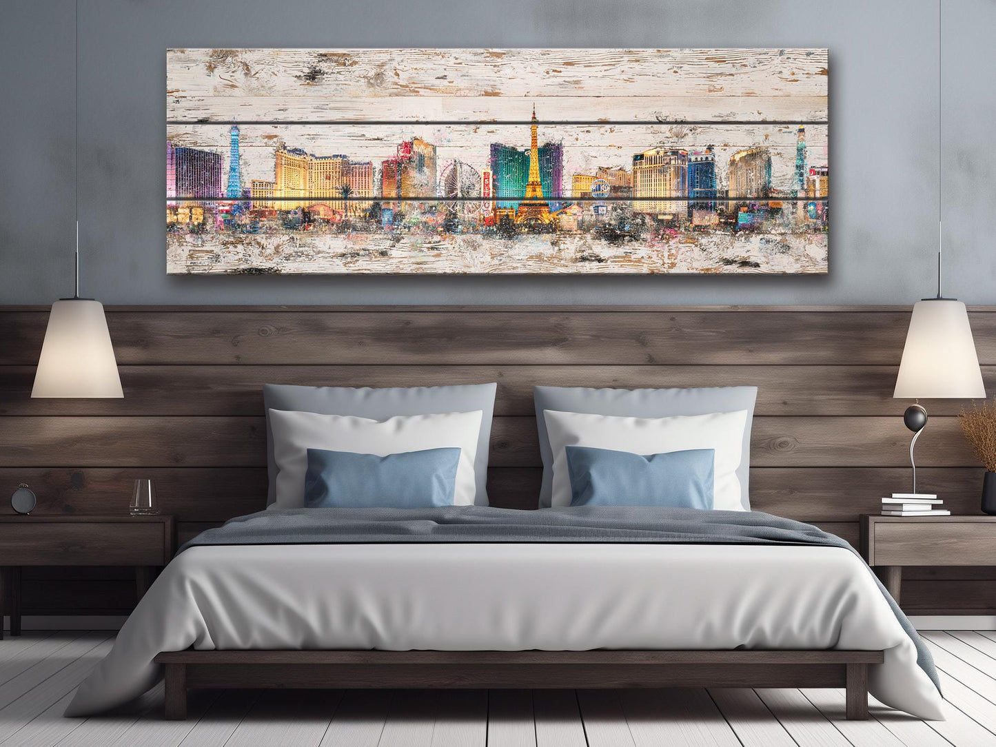 Rustic Las Vegas Painting – Panoramic Wood Wall Art with Neon Lights Print