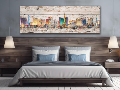 Rustic Las Vegas Painting – Panoramic Wood Wall Art with Neon Lights Print