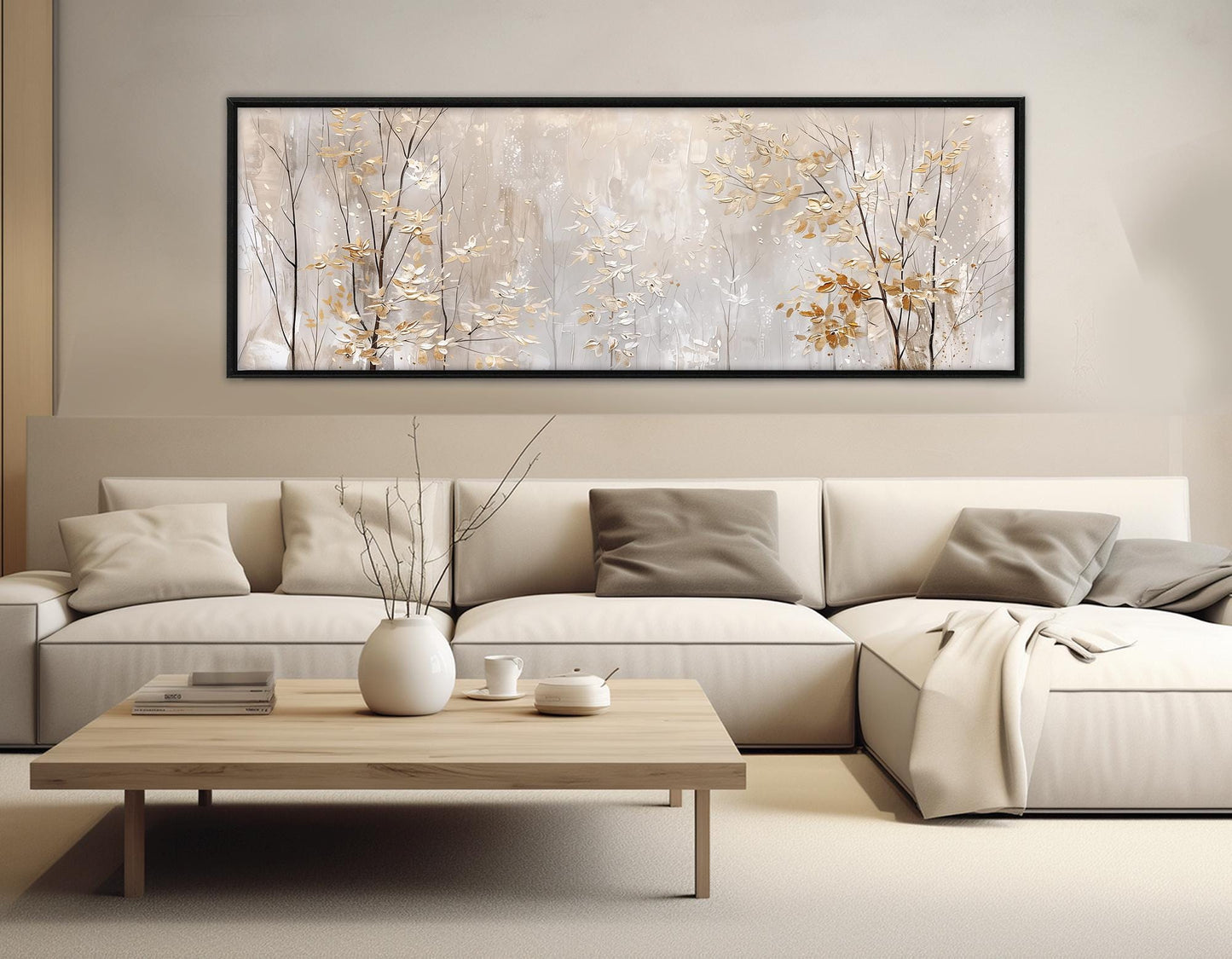 Winter Trees Canvas Print – Golden Leaves Wall Art | Soft Tones Painting, Ready to Hang