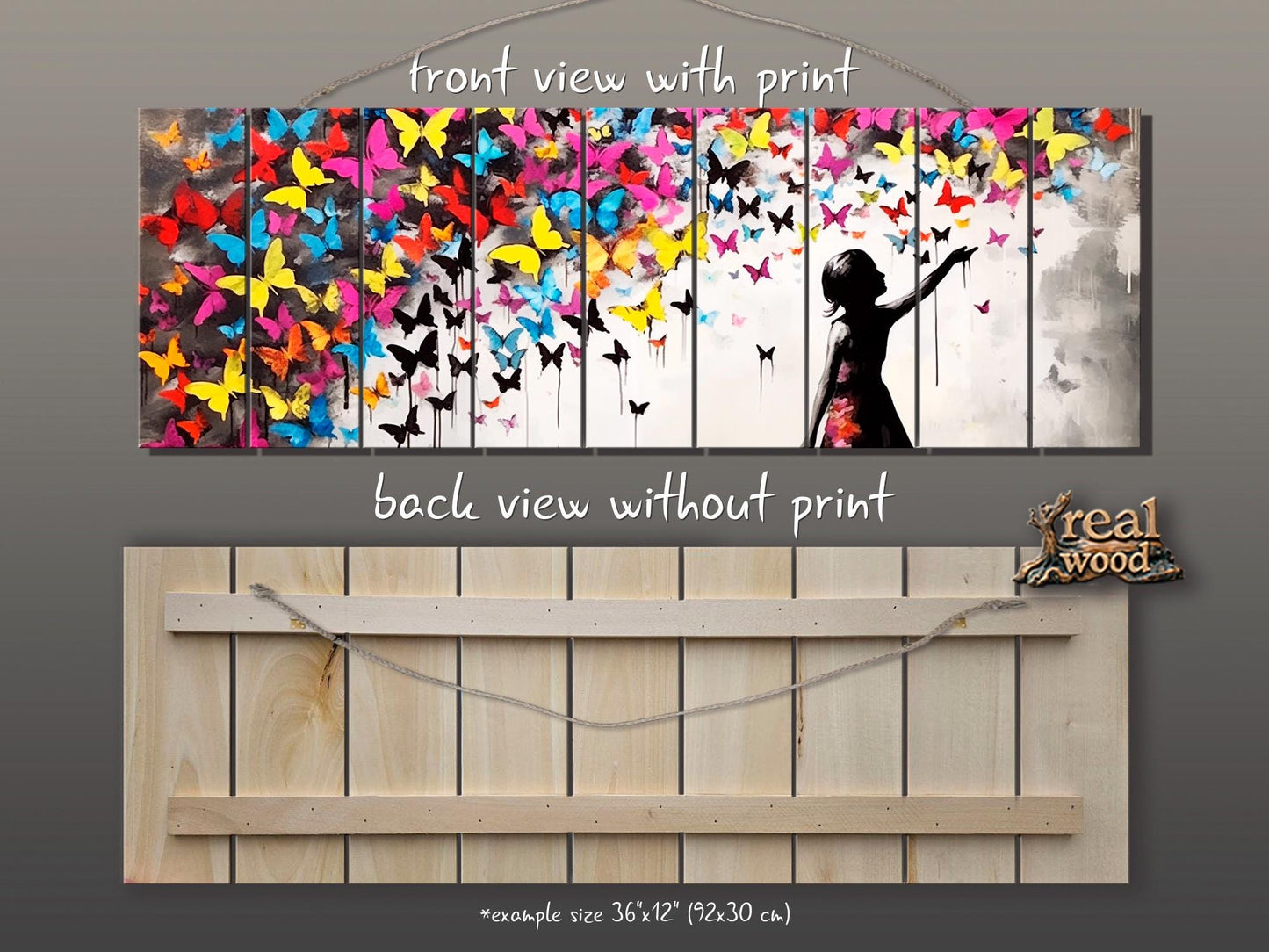 Wood Wall Art | Urban Street Art Print on Natural Wood Plank with Butterflies