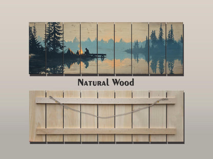 Campfire Print on Wood – Rustic Wood Decor with Mountain Lake and Warm Firelight