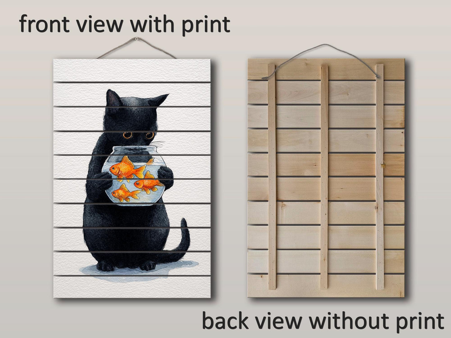 Black Cat Wall Art – Minimalist Wood Print on Natural Plank with Goldfish