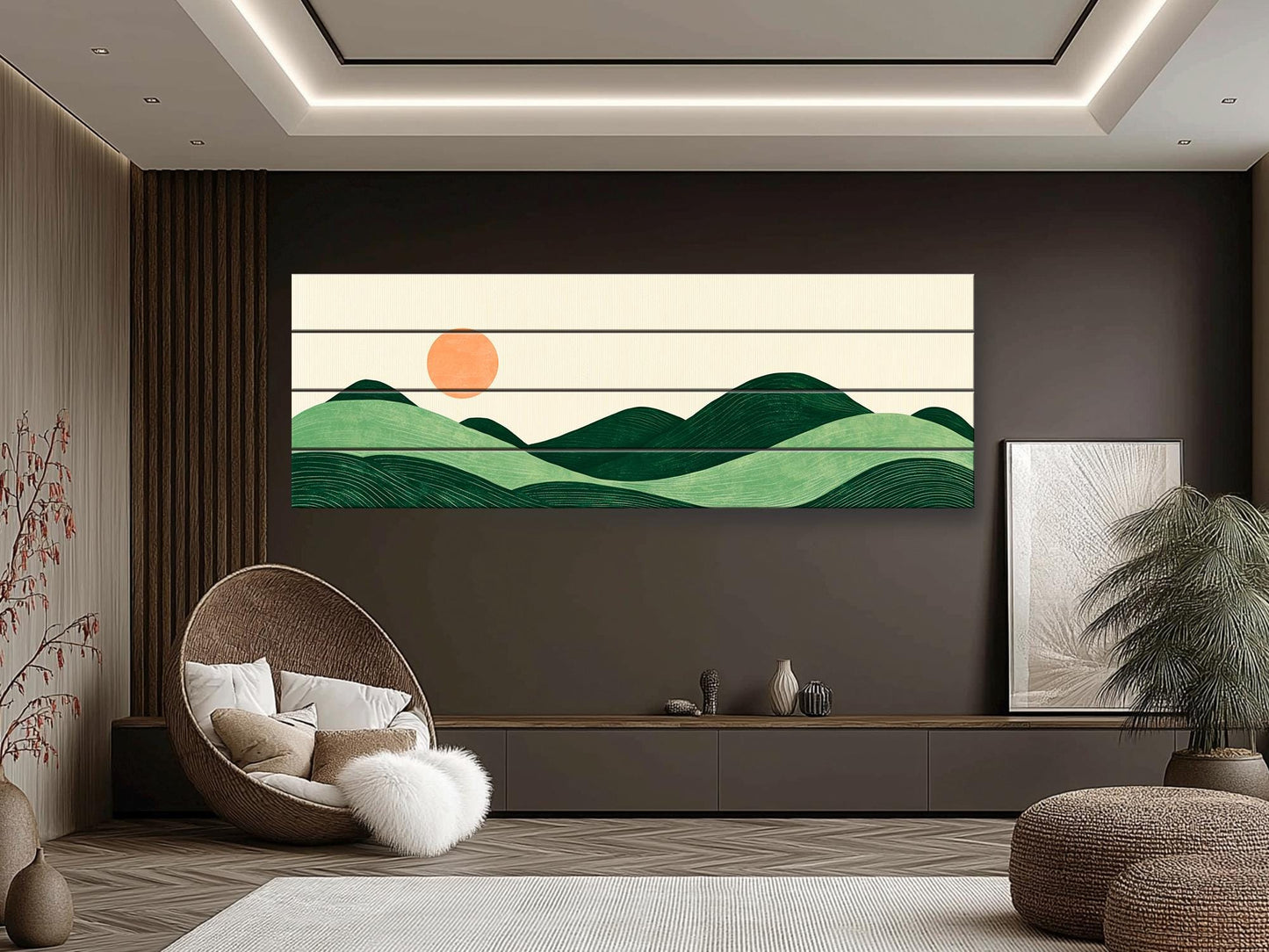 Minimalist Landscape Print on Wood, Boho Hills and Sun Wall Art