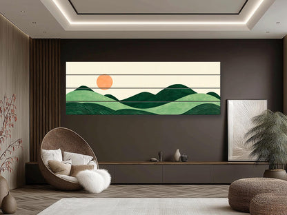 Minimalist Landscape Print on Wood, Boho Hills and Sun Wall Art