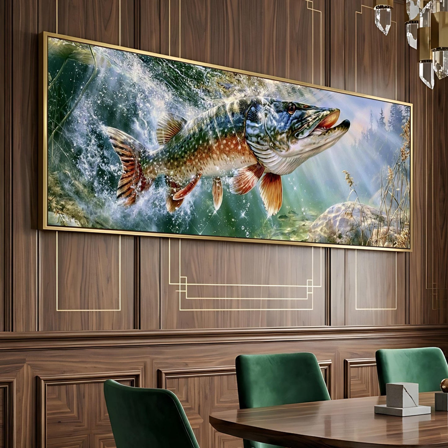 a large, framed painting of a fish swimming in a body of water, hanging on a wooden wall.