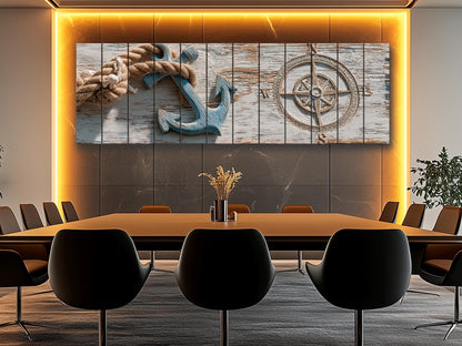 Nautical Anchor Wall Art – Rustic Coastal Wood Print With Rope Compass Design
