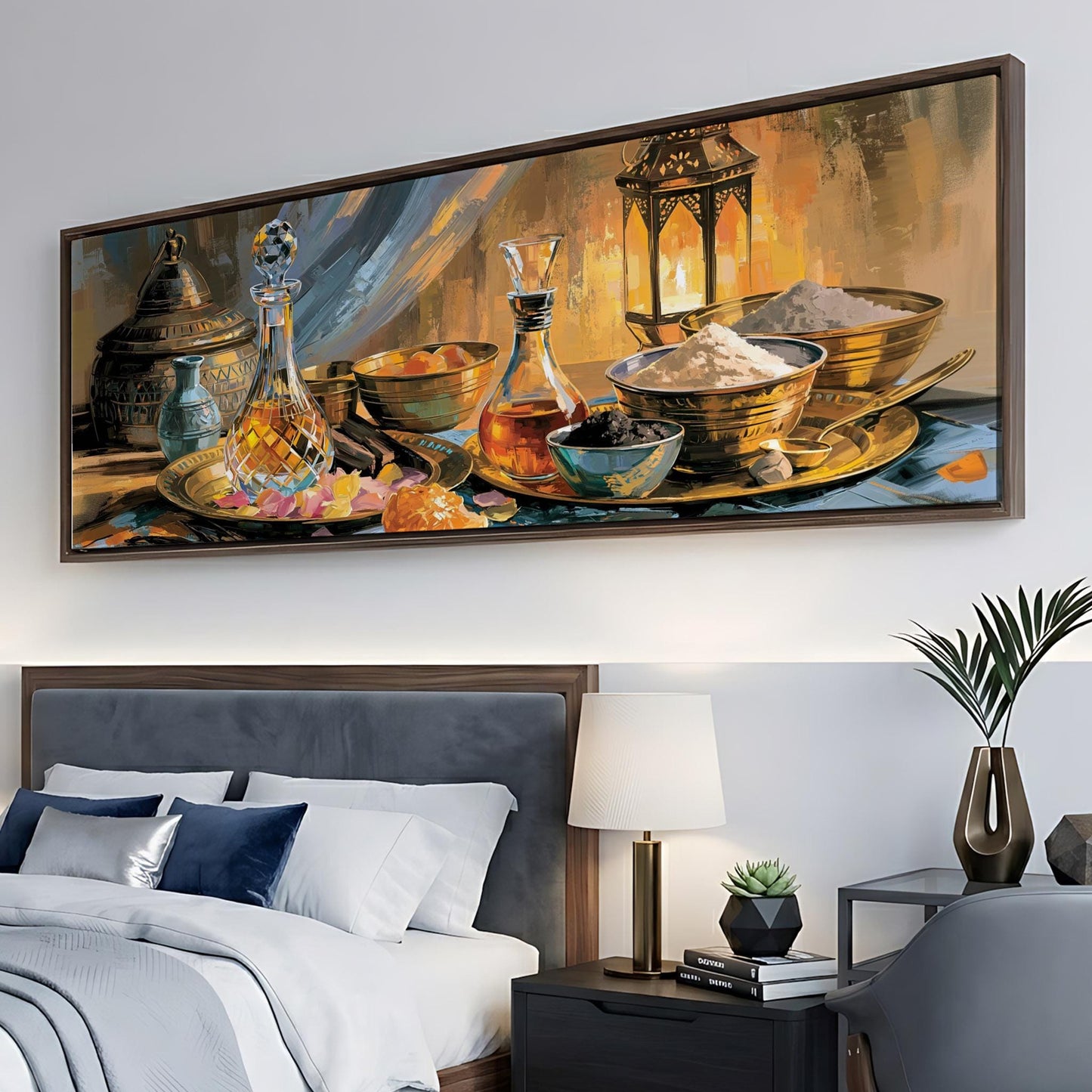 a large painting of a table with various dishes and bottles, including a vase, a bowl, and a bottle, displayed on a wall above a bed with white bedding.