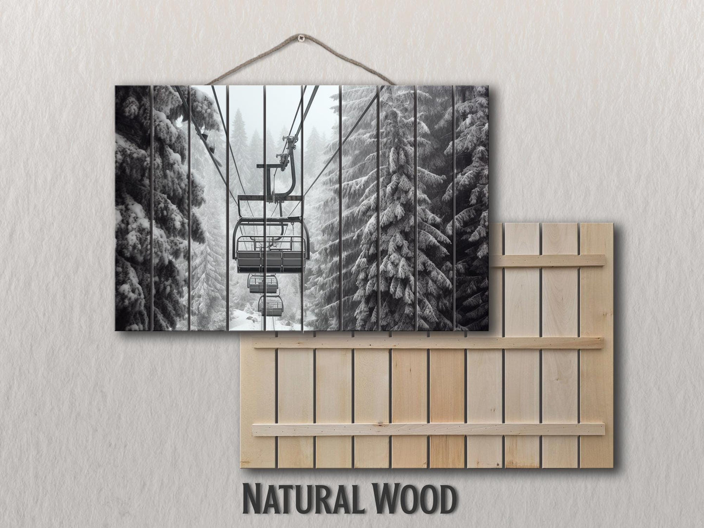 Rustic Wood Wall Art – Scenic Ski Lift Print | Natural Wood Plank Painting