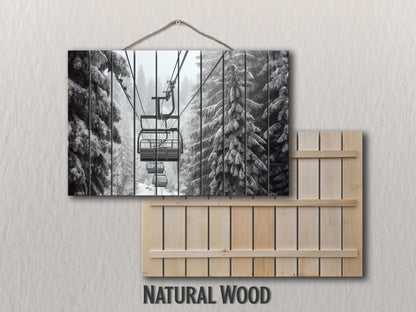 Rustic Wood Wall Art – Scenic Ski Lift Print | Natural Wood Plank Painting