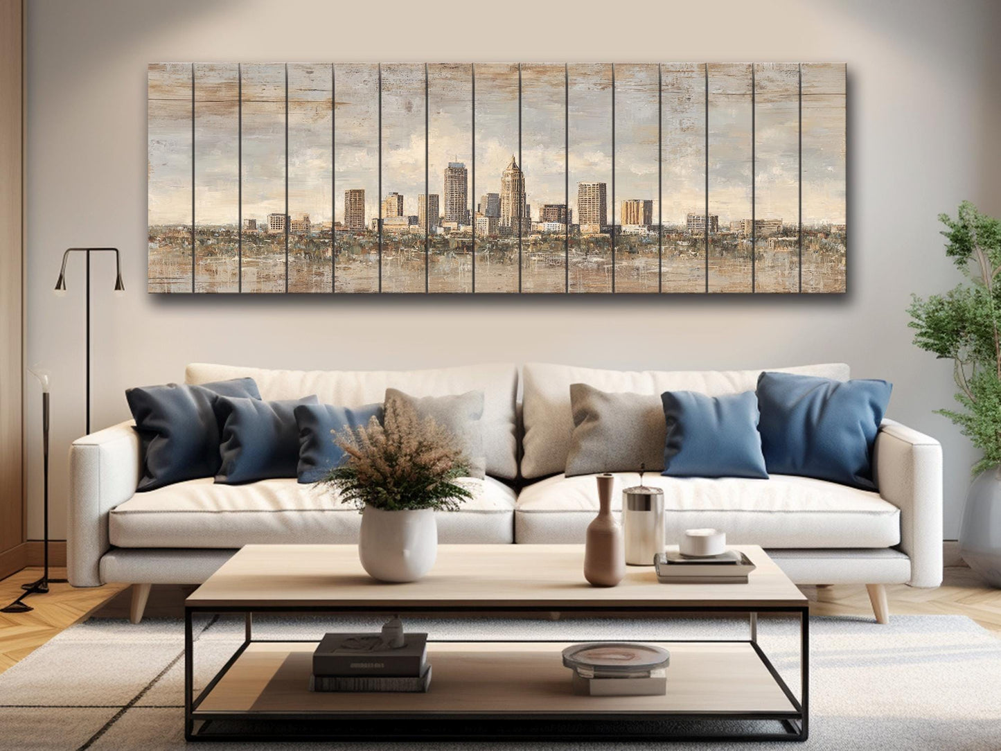 Indianapolis Skyline Wood Print – Rustic Wood Art | Beige Sunlight Painting
