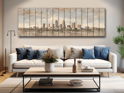 Indianapolis Skyline Wood Print – Rustic Wood Art | Beige Sunlight Painting
