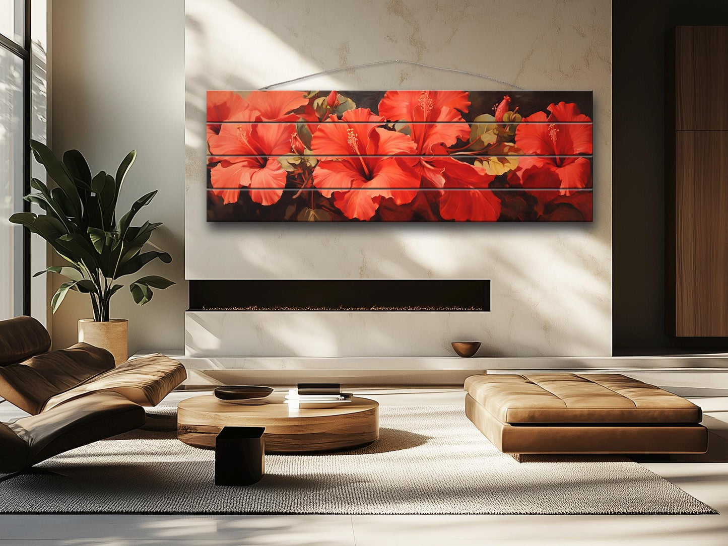 Red Hibiscus Wood Print – Natural Wood Wall Art | Impressionist Floral Decor