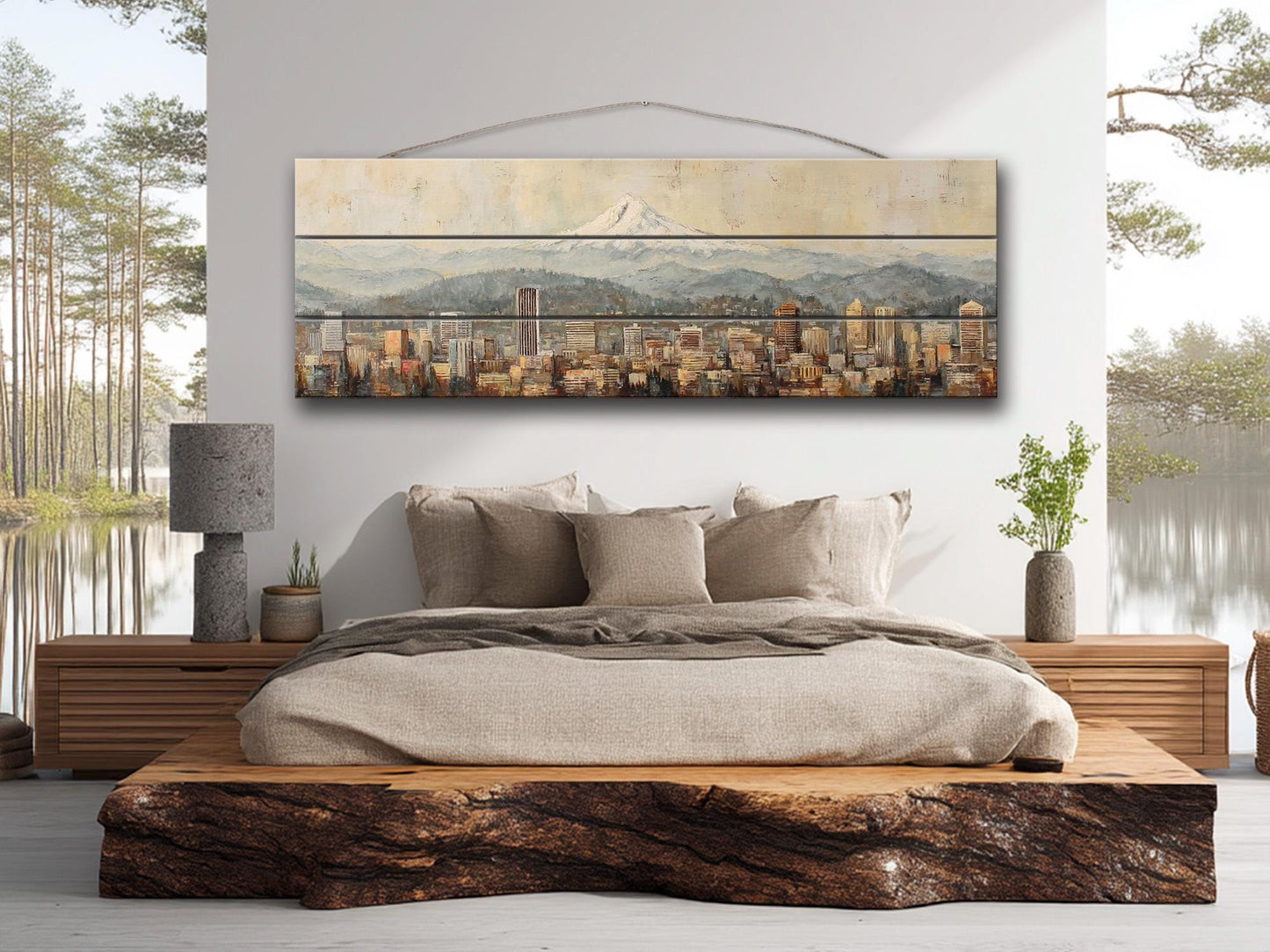 Portland Skyline Wood Print – Rustic Wood Art with Mount Hood Beige Cityscape