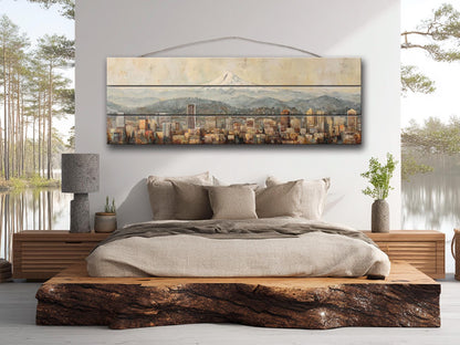 Portland Skyline Wood Print – Rustic Wood Art with Mount Hood Beige Cityscape